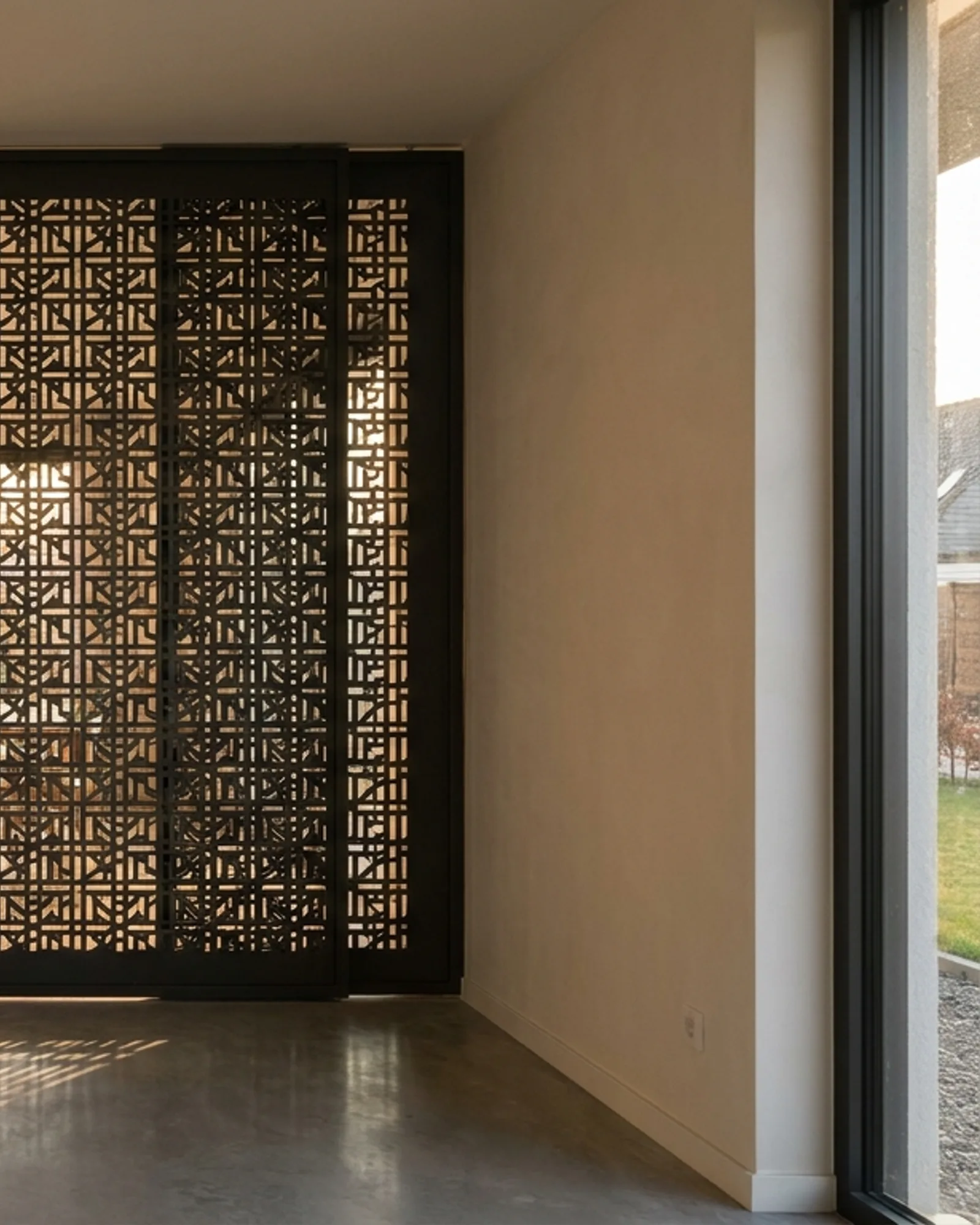 Floor to ceiling laser-cut aluminium room divider in an open plan interior